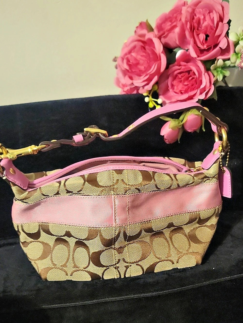 Coach Signature Stripe Top Handle Pouch Signature Pink Shoulder Bag